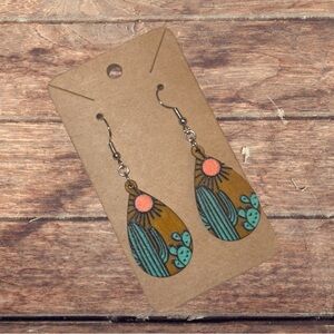 Wood Teardrop hook earrings, with Cactus and sunshine!